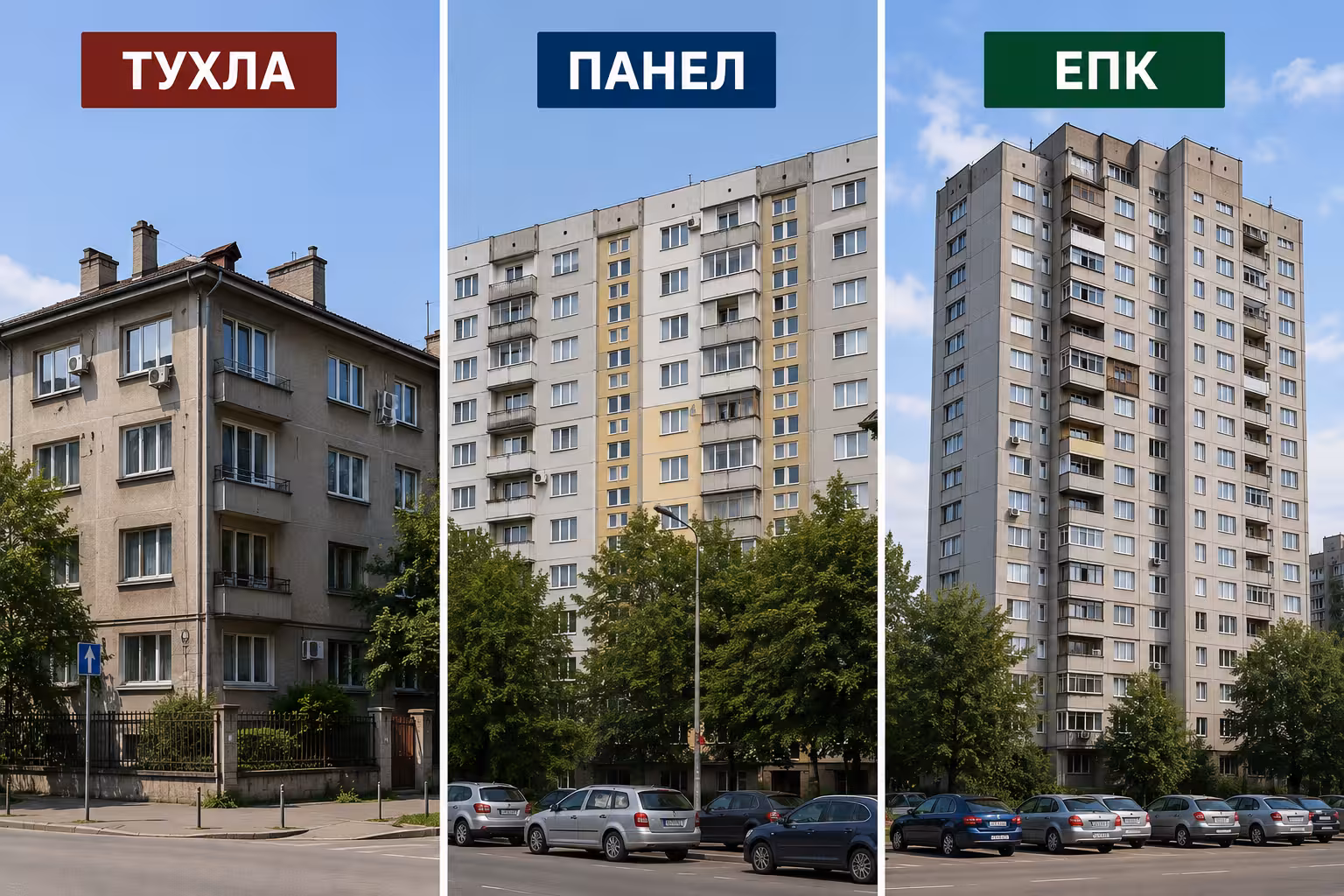 Колаж от три снимки на класическа стара тухлена кооперация, типичен панелен блок и висока ЕПК сграда