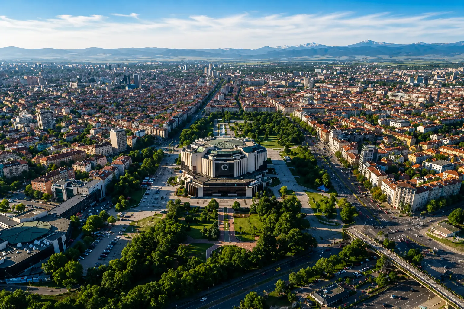 Въздушна панорамна гледка към София и НДК